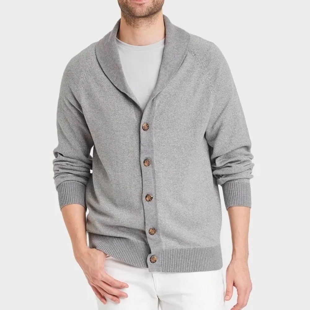 Mens Gray Shawl Collar Button Front Cotton Cardigan Grandpa Sweater Large Preppy